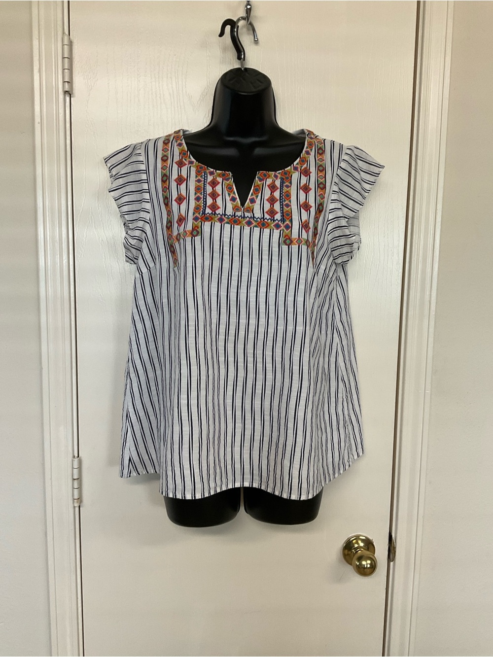 THML White & Navy Striped Embroidered Split-Neck Blouse